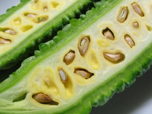 ゴーヤを半分に切ったところ、白いわたに包まれたタネが見えます